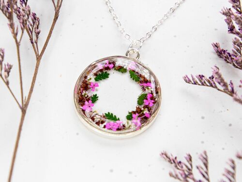 Lara Round real pink astilbe flower resin necklace