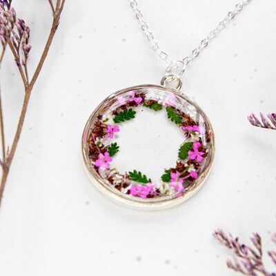 Lara Round real pink astilbe flower resin necklace