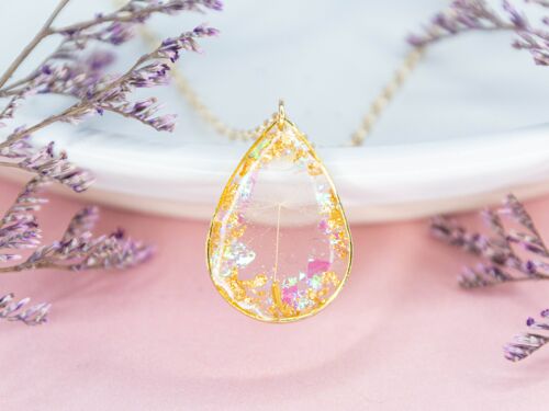 Elnora real dandelion iridescent glitter drop necklace