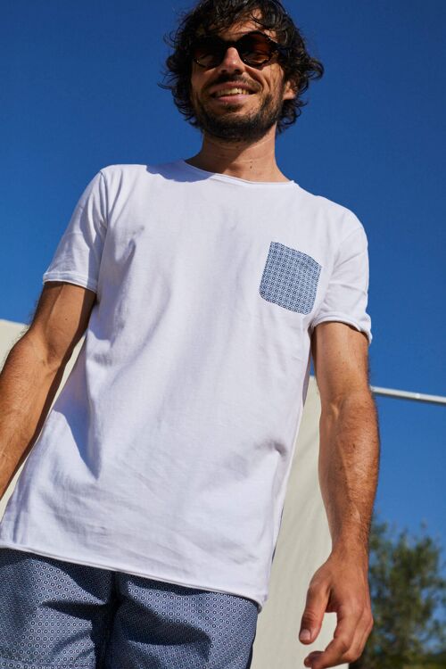 t-shirt blanc poche imprimée Azulejos