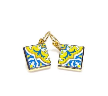 Boucles d'Oreilles Portugal Or & Turquoise Azulejo 1