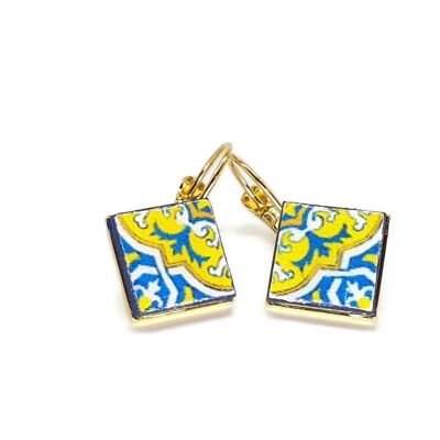 Boucles d'Oreilles Portugal Or & Turquoise Azulejo