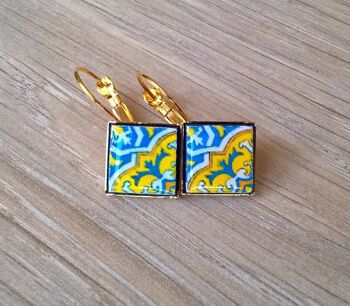 Boucles d'Oreilles Portugal Or & Turquoise Azulejo 3
