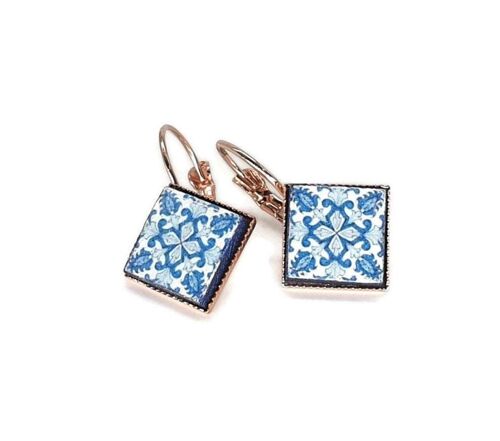 Grace - Rose Gold Portuguese Blue Tile Earrings