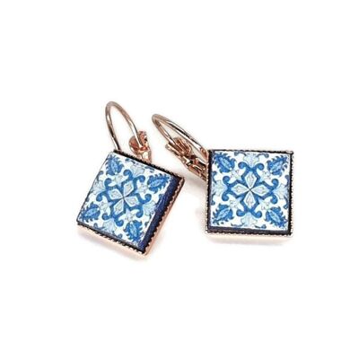 Grace - Boucles d'oreilles en or rose et carreaux bleus portugais