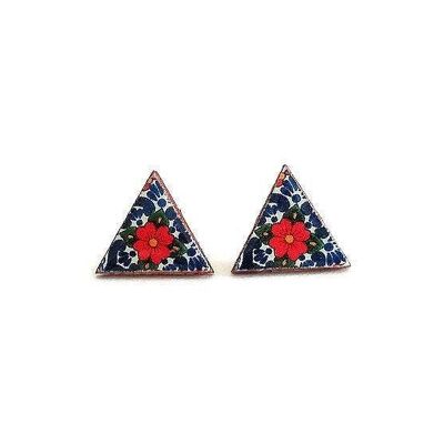Mexican Red Flower Triangle Stud Earrings