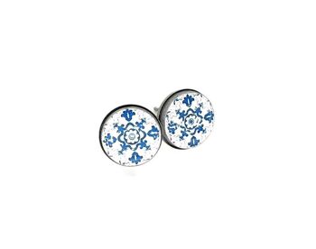 Natalie - Boucles d'oreilles tiges carreaux ronds bleus 3