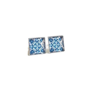 HANNAH - Boucles d'oreilles puces carreaux classiques bleus