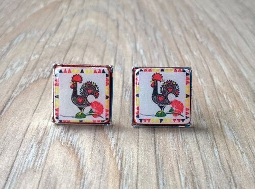 Black & Red Rooster Tile Earrings