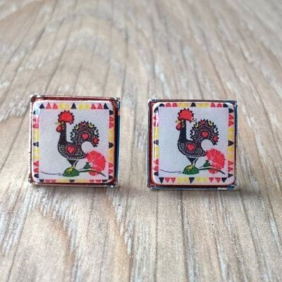 Aretes de mosaico de gallo negro y rojo