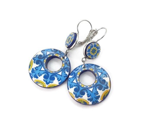 Portuguese Blue & Yellow Tiles Hoop Earrings