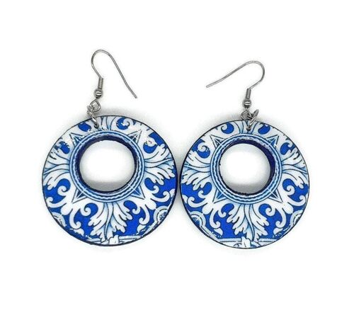 Portuguese Antique Majolica Tiles Hoop Earrings