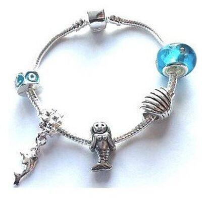 Pulsera de abalorios chapada en plata 'Sirena marina' para niños, 17 cm