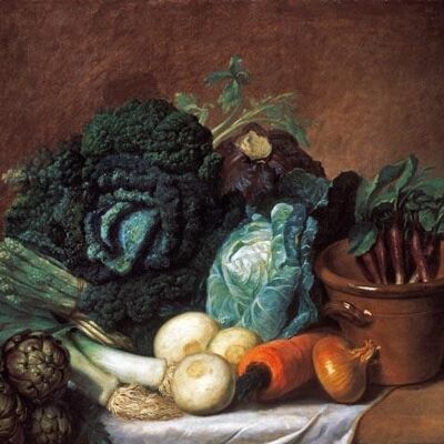 STILL LIFE WITH ARTICHOKES, ASPARAGUS & CABBAGE , 40" x 30"