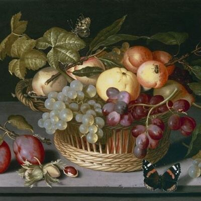 A STILL LIFE OF APPLES, GRAPES AND NUTS , 7" x 5"