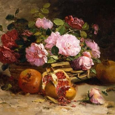 STILL LIFE OF PINK ROSES & POMEGRANITES , 7" x 5"