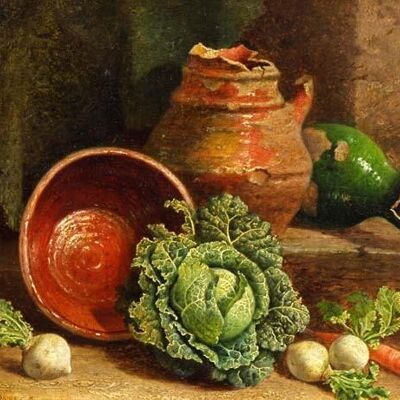 STILL LIFE OF CABBAGES, CARROT & TURNIPS , 7" x 5"
