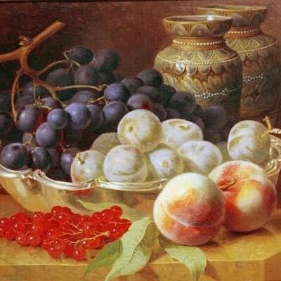 GRAPES AND FRUIT IN SILVER BOWL , 7" x 5"