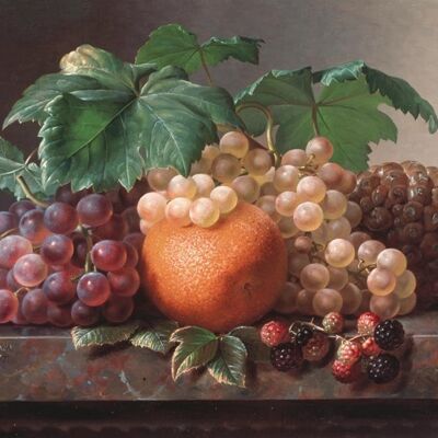 STILL LIFE OF ORANGE WITH GRAPES , 10" x 8"