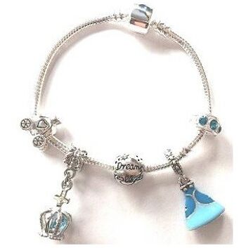 Bracelet à breloques plaqué argent princesse de conte de fées bleu pour filles 16cm