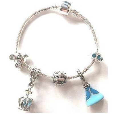 Pulsera con dijes plateados de princesa de cuento de hadas azul para niñas de 17 cm