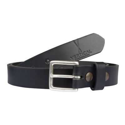 Black genuine leather belt with blue interchangeable buckle