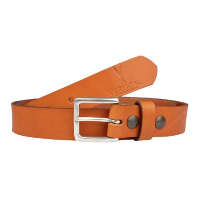 Genuine camel leather belt with blue interchangeable buckle