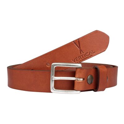 Genuine cognac leather belt with black interchangeable buckle