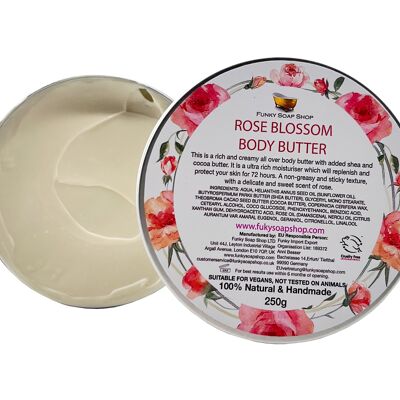 Manteca corporal rica en flor de rosa, lata de aluminio de 250 g