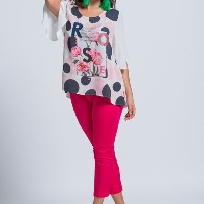 Polka dot patterned tunic with pearls and laminated letters