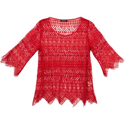 Red 3/4 sleeve round neck lace tunic