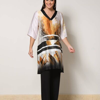 Satin tunic with V-neck satin edged