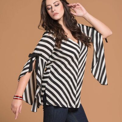 Striped tunic with V-neck and bow on sleeves