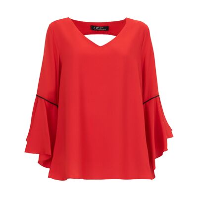 Red tunic with low neckline and sleeveless profiles