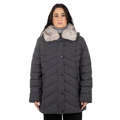 Gray quilted jacket with fur collar