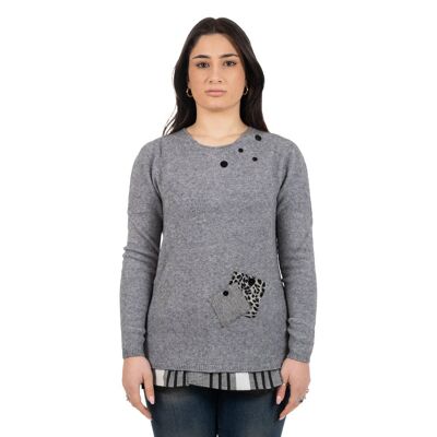 Gray yarn sweater with animalier checkered appliqués