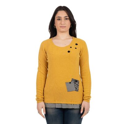 Sweater in yarn with mustard animalier checkered applications