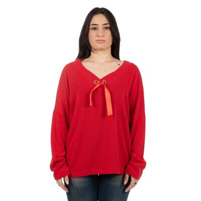 Red V-neck sweater with rhinestone eyelets