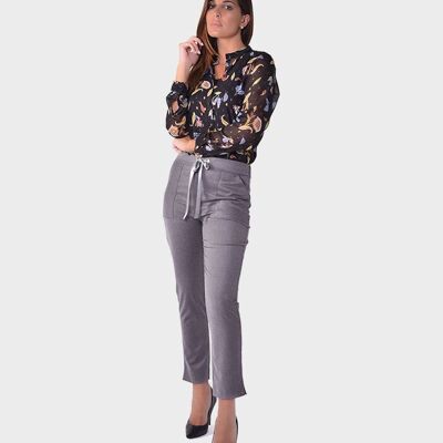 Trousers with rhinestone eyelets and Gray satin lace