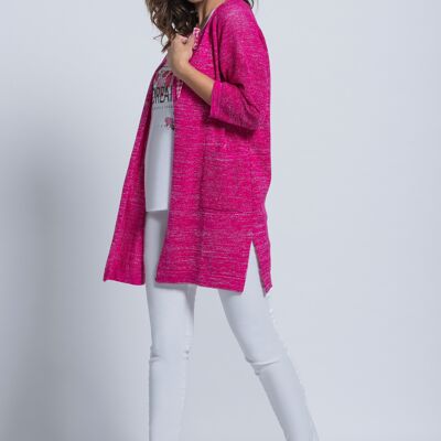 3/4 sleeve laminated duster coat with pockets and side slits