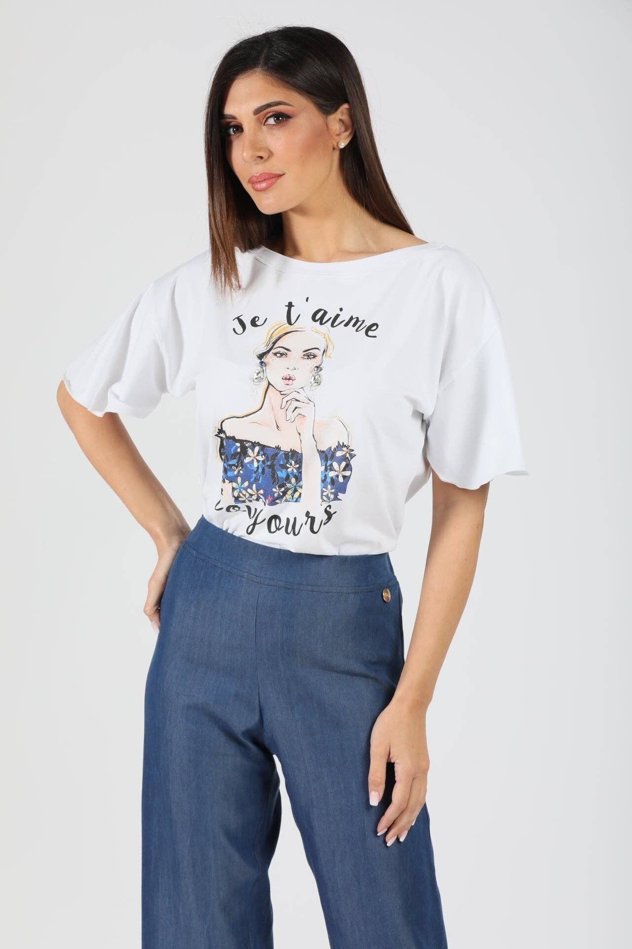 Baumwoll-T-Shirt mit Je-t'aime-Aufdruck und Schriftzug