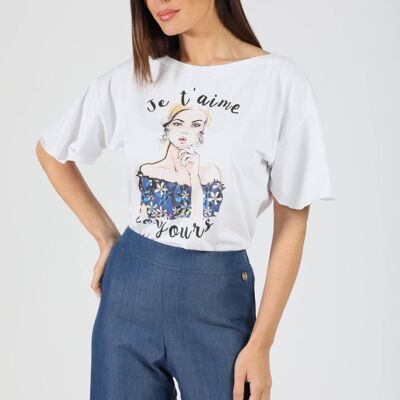 T-shirt cotone con stampa e scritta je t'aime