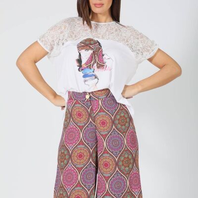 Viscose T-shirt with lace and print