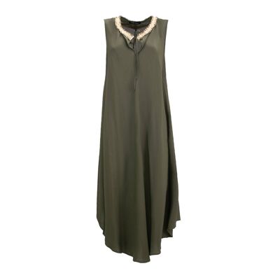 Dark Olive Green flared linen armhole dress