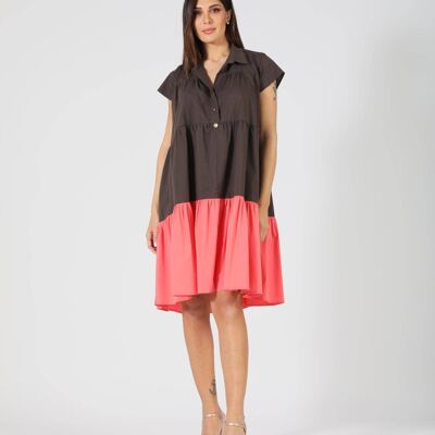 Cotton dress with gathered sleeves and two-tone flounces