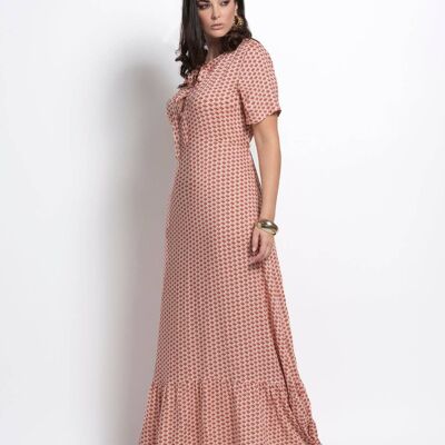 Long patterned dress in viscose w / bow