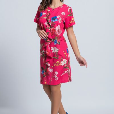 Vestido midi de estampado floral con cuello redondo y media manga Fucsia