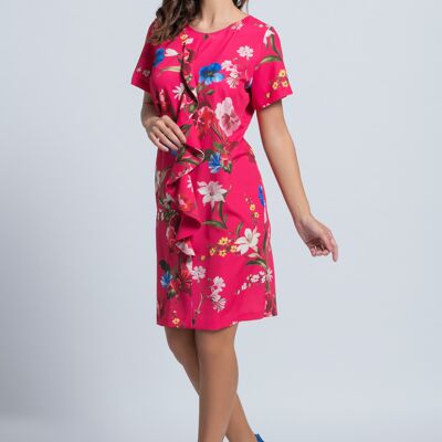 Floral patterned midi dress with round neck and half sleeves Fuchsia