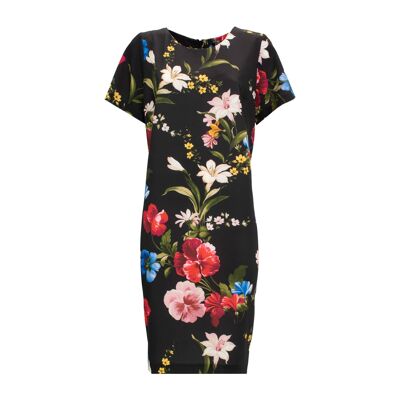 Floral patterned midi dress with round neck and half sleeves Black