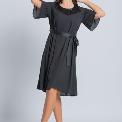 Midi dress in georgette with sequin yoke Black